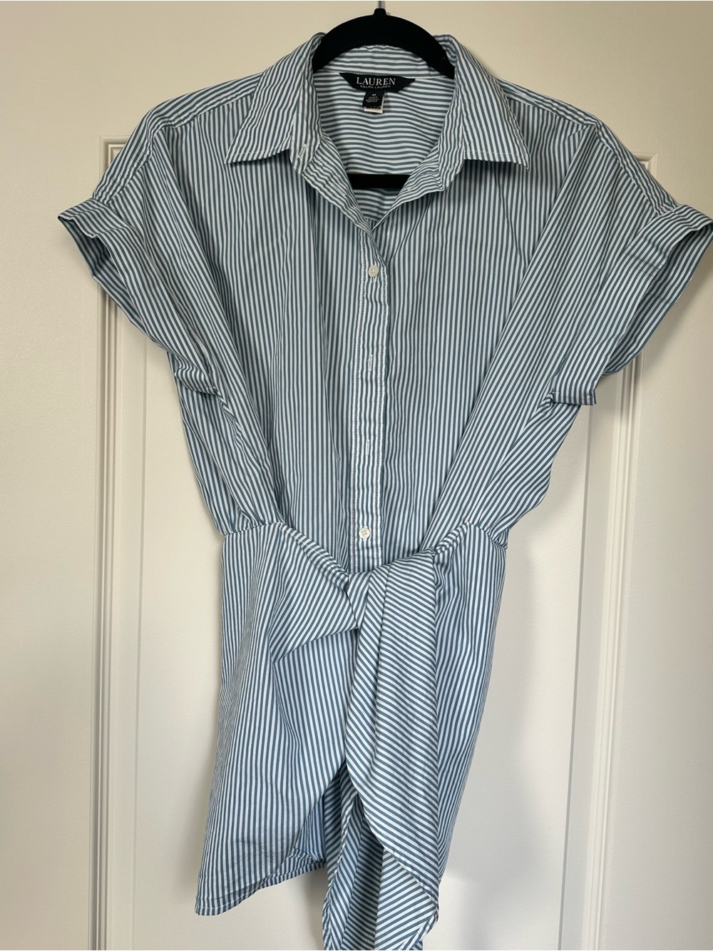 Lauren Ralph Lauren Blue and White Striped Button-Front Shirt with Waist Tie